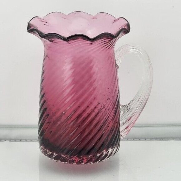 Pilgrim Glass Cranberry Swirl Pitcher Vase 3.5" clear handle ruffled rim texture - Picture 12 of 12
